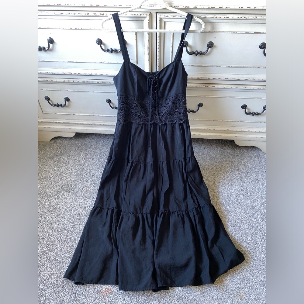 Gothic or Boho Black Tiered Dress with Lace Insert (L)